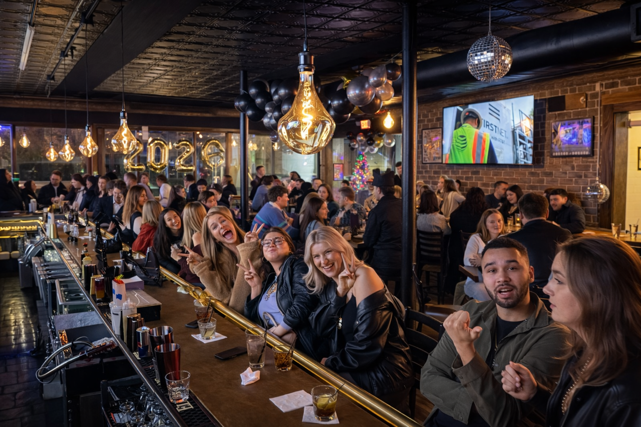 Duke's Social House packed with guests, Edison bulbs overhead